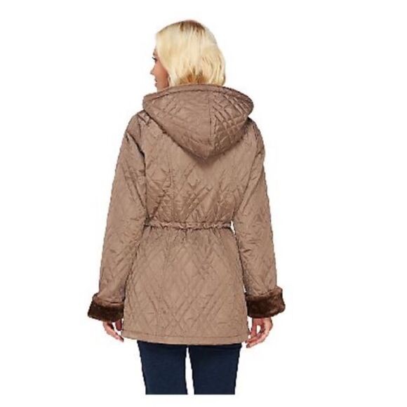 Dennis Basso Cinch Waist Quilted Anorak Coat with Faux Fur Trim Size Small - Picture 7 of 12